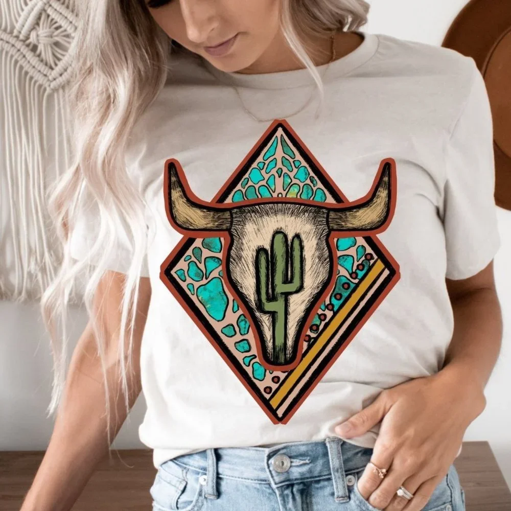 CACTUS STEER HEAD Handmade Graphic Tee - Picture 1 of 3